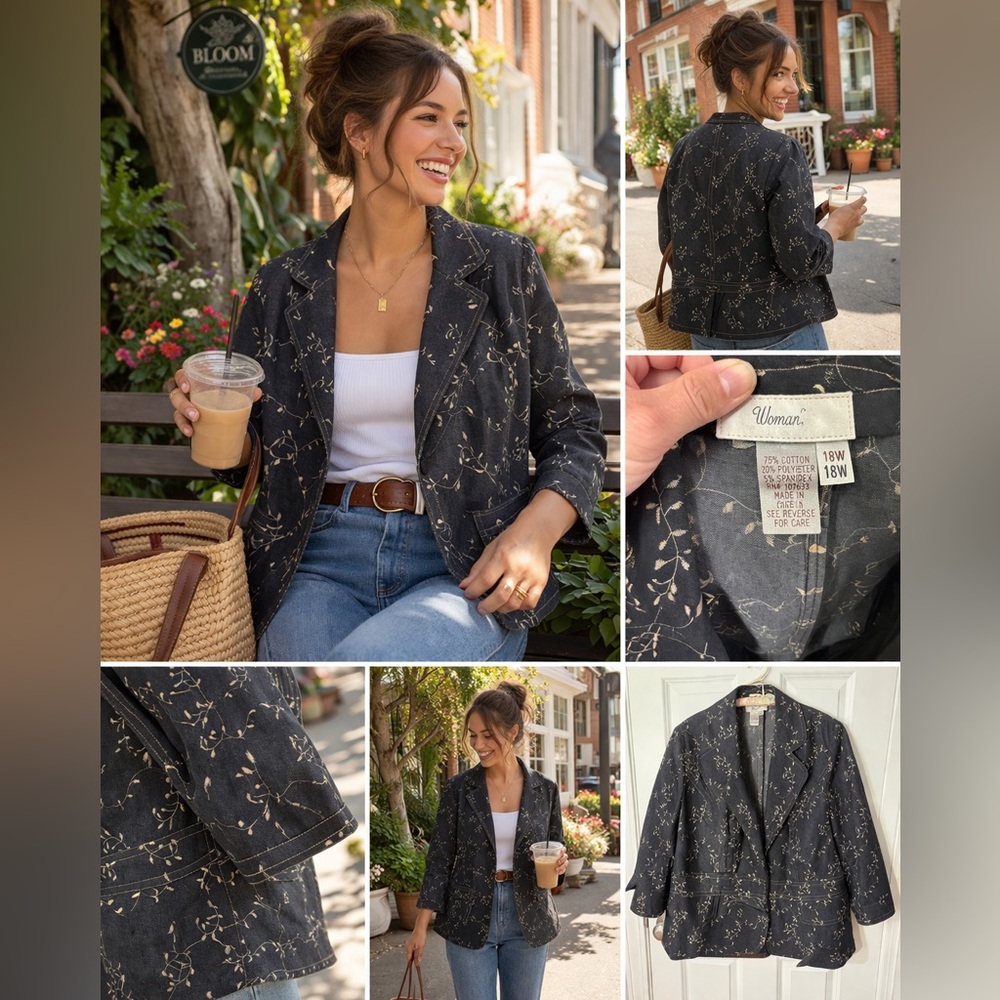 Embroidered Denim Blazer Jacket XL Boho Floral Vine Cottagecore Chic Layer